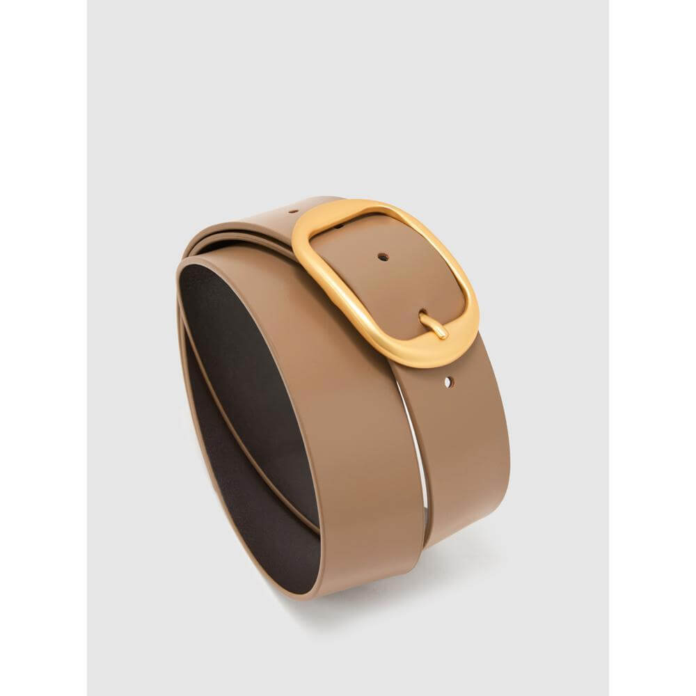REISS Athena Leather Oval-Buckle Belt in Taupe
